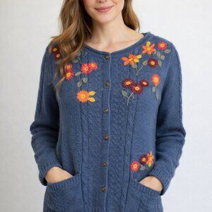 Sundance Blue Embroidered Floral Button Front Knit Cardigan Patch Pocket Sweater